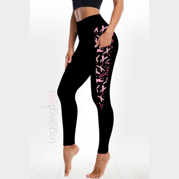 Solid Black with Pink Ribbons Pockets - Wide Band ButterSoft Leggings Plus Size - Picture 1 of 3